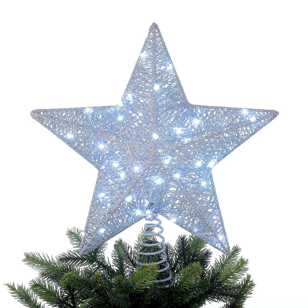 Silver Wrapped Glitter Lit Christmas Tree Topper 15" Open Star Light Up Holiday
